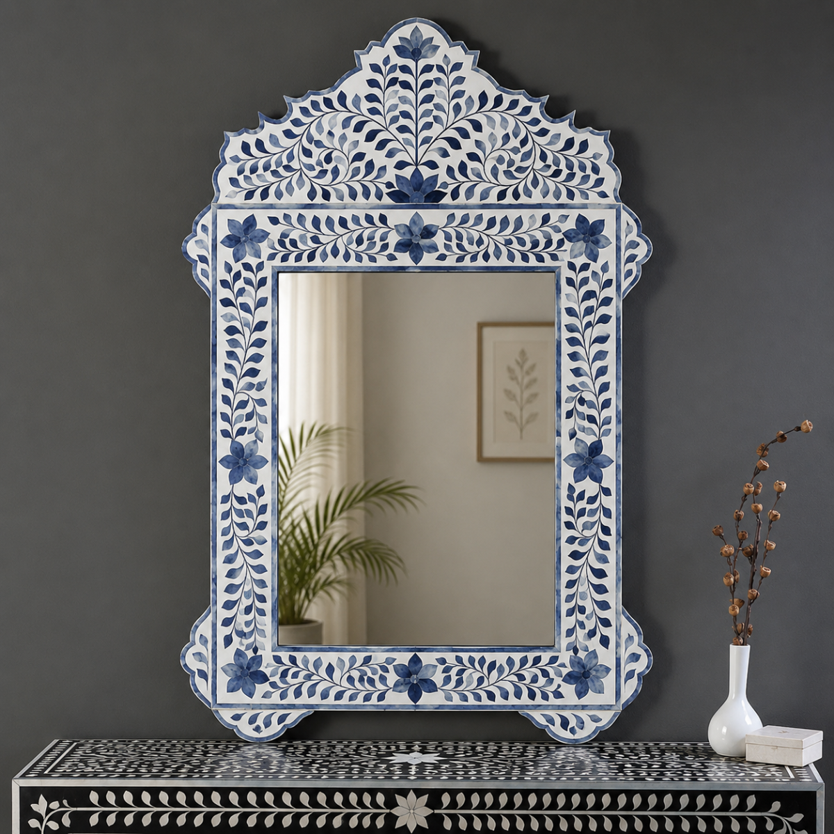 Handmade Blue Bone Inlay Floral Mirror | Decorative Wall Accent Mirror