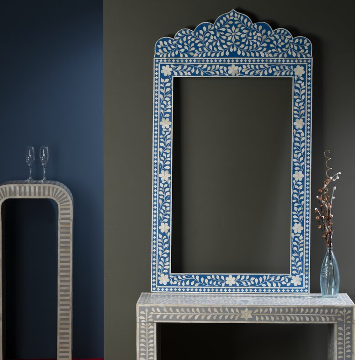 Handmade Blue Bone Inlay Arch Mirror | Decorative Wall Mirror
