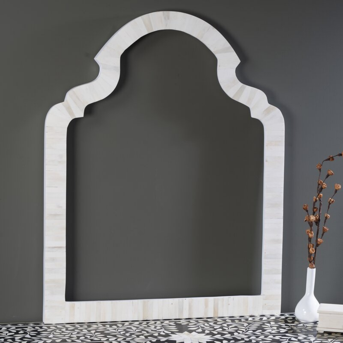 Handmade White Bone Inlay Arch Mirror | Decorative Wall Mirror