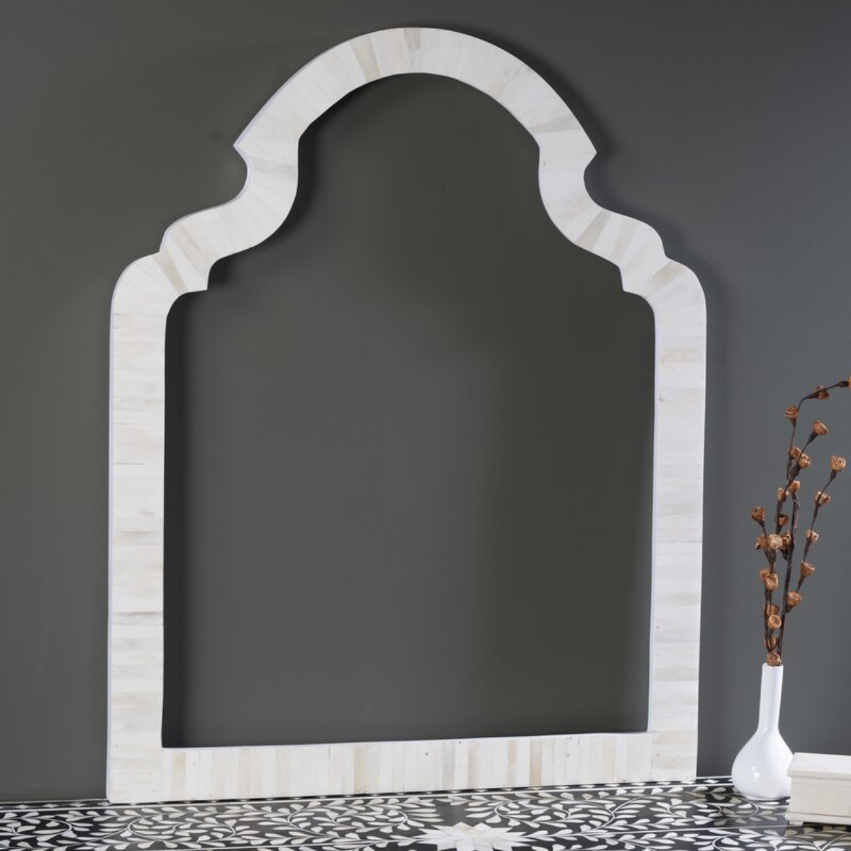 Handmade White Bone Inlay Arch Mirror | Decorative Wall Mirror