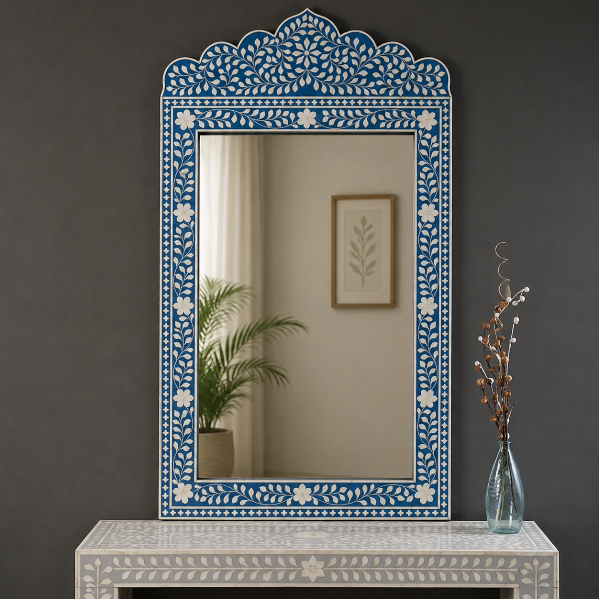 Handmade Blue Bone Inlay Arch Mirror | Decorative Wall Mirror