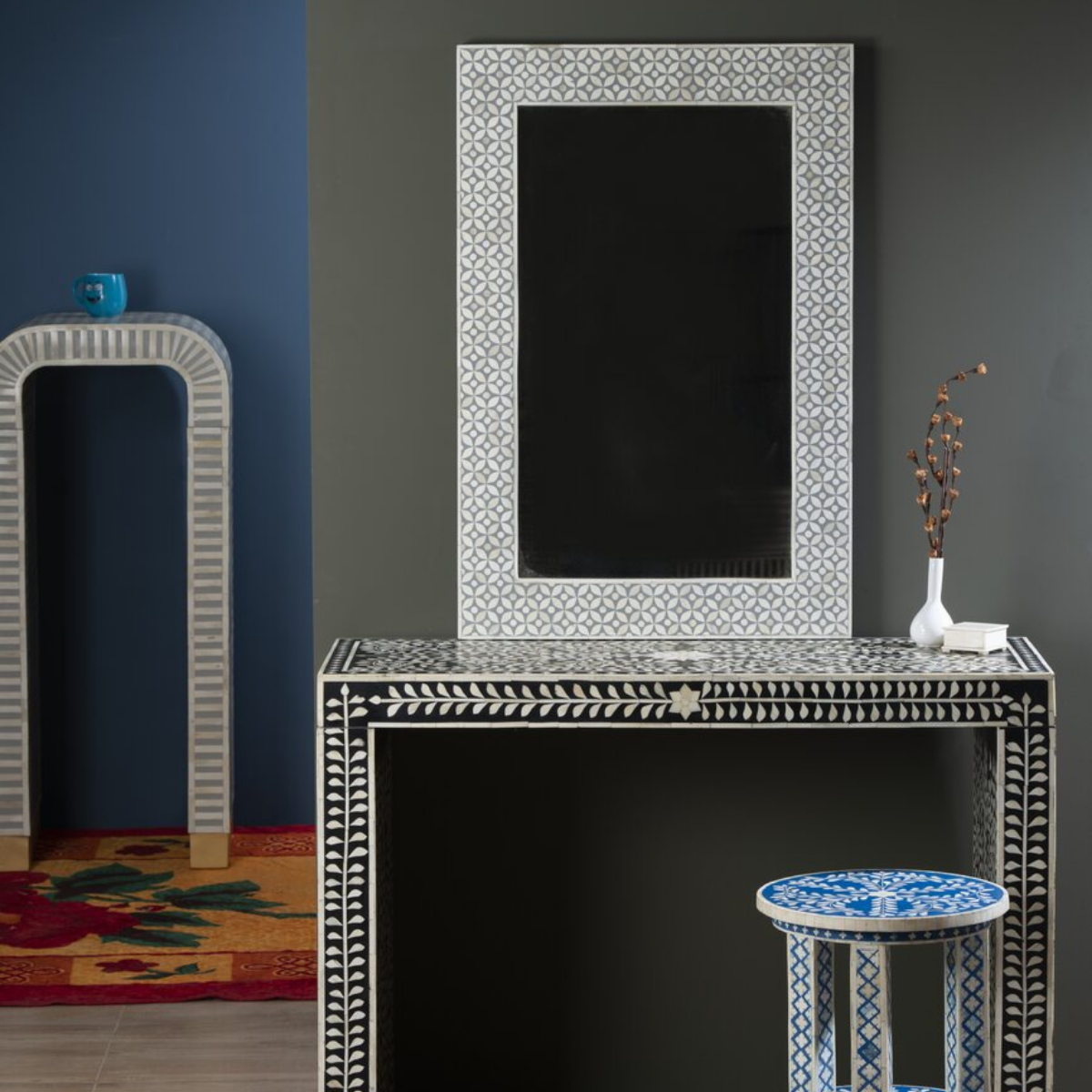 Handmade Geometric Bone Inlay Wall Mirror | Luxury Decorative Mirror