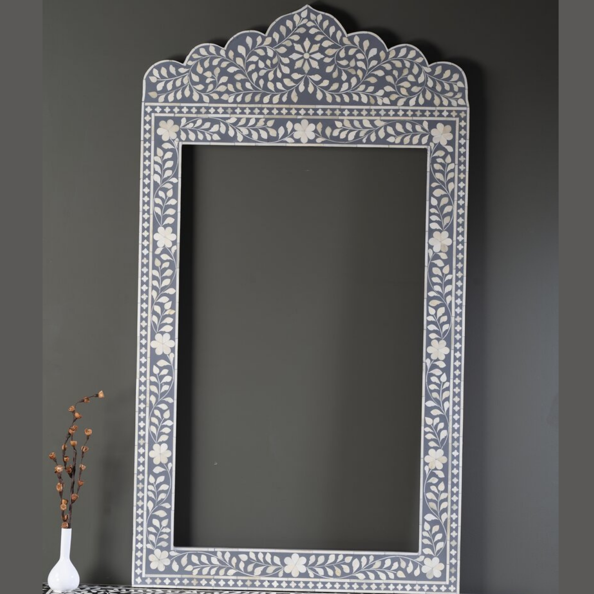 Handmade Grey Bone Inlay Arch Mirror | Floral Decorative Wall Mirror