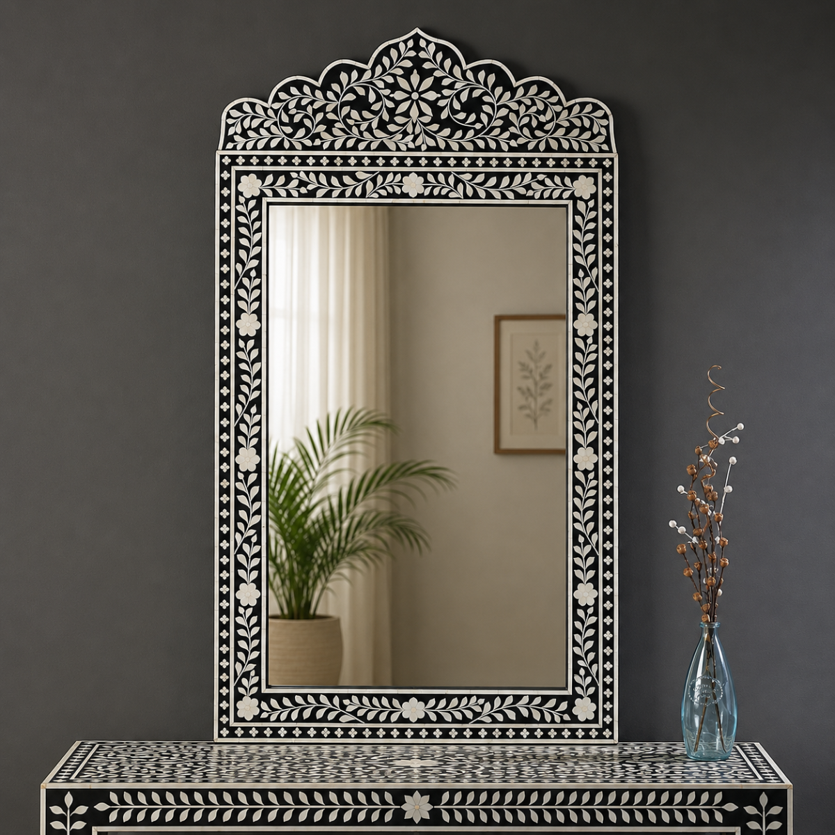 Handmade Black Bone Inlay Arch Mirror | Floral Decorative Wall Mirror