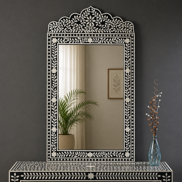 Handmade Black Bone Inlay Arch Mirror | Floral Decorative Wall Mirror