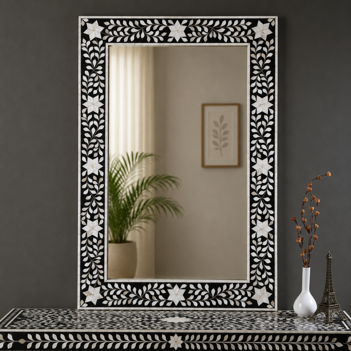 Handmade Black Floral Bone Inlay Wall Mirror | Decorative Rectangular Mirror