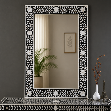 Handmade Black Floral Bone Inlay Wall Mirror | Decorative Rectangular Mirror
