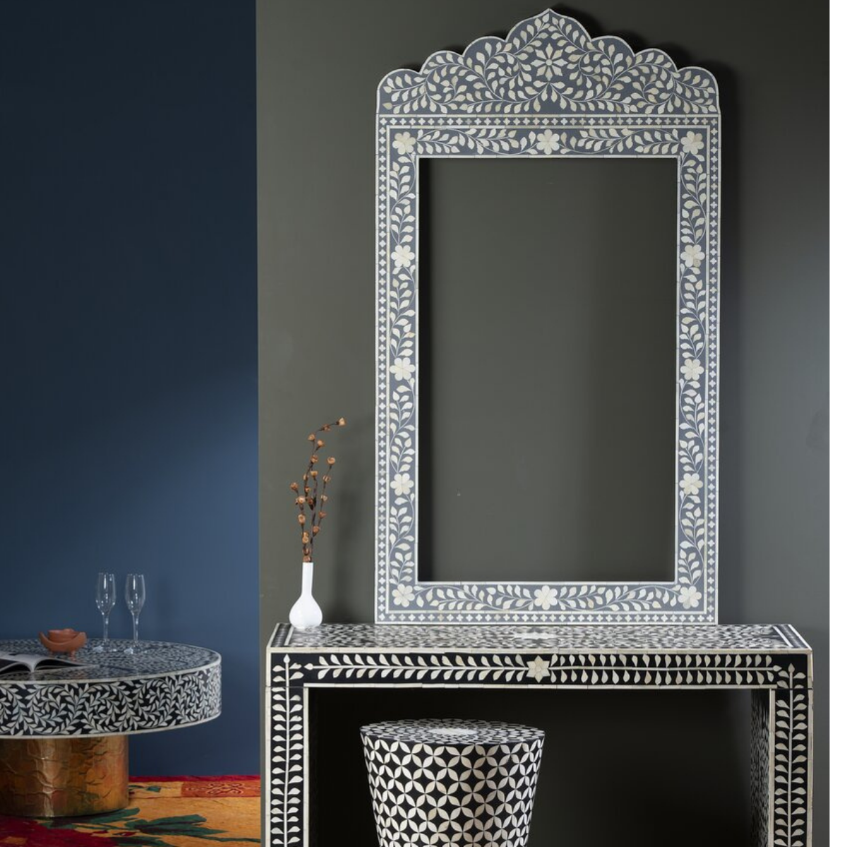 Handmade Grey Bone Inlay Arch Mirror | Floral Decorative Wall Mirror