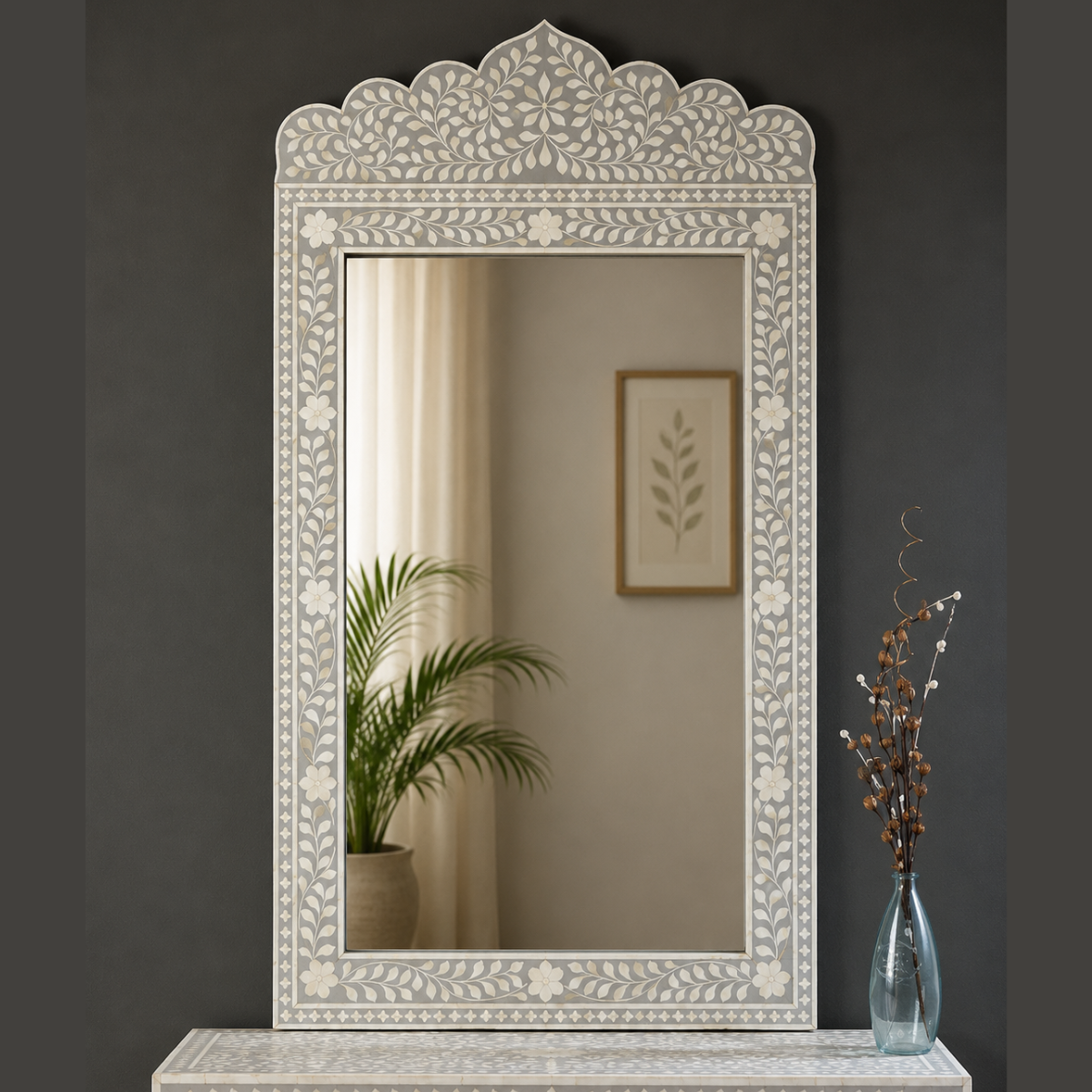 Handmade Grey Bone Inlay Arch Mirror | Floral Decorative Wall Mirror