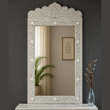 Handmade Grey Bone Inlay Arch Mirror | Floral Decorative Wall Mirror