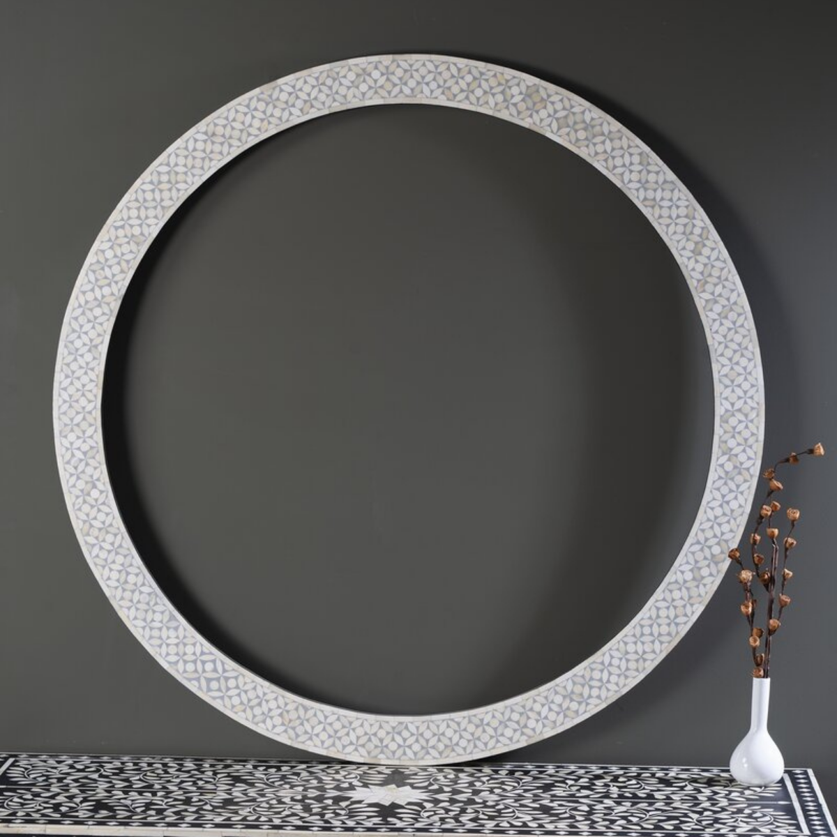 Handmade White Bone Inlay Round Mirror | Geometric Decorative Wall Mirror