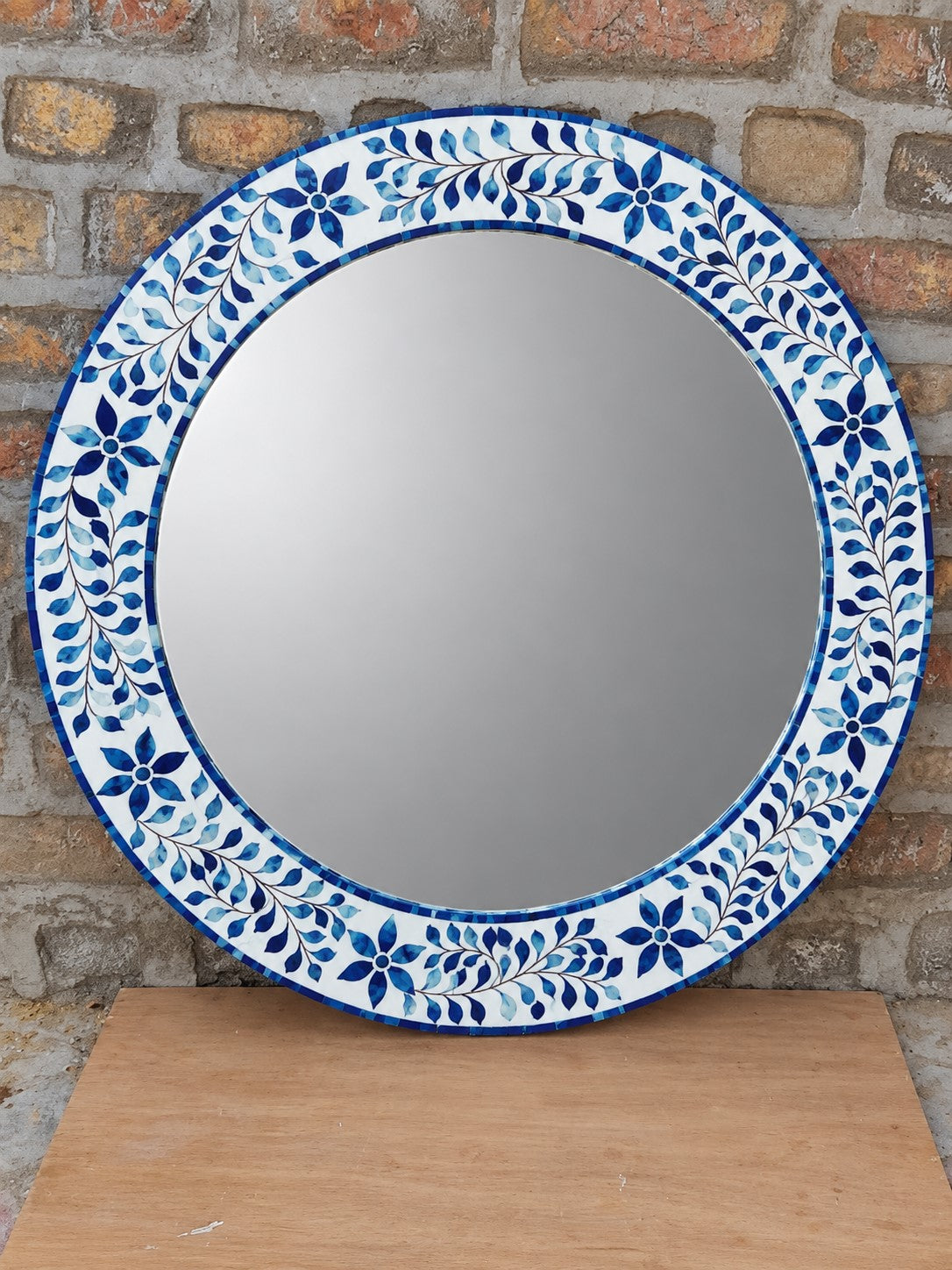 Handmade Blue & White Bone Inlay Round Mirror – Floral Leaf Design