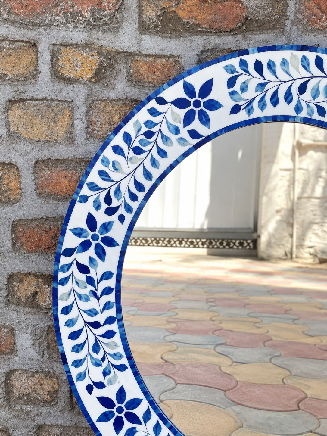 Handmade Blue & White Bone Inlay Round Mirror – Floral Leaf Design