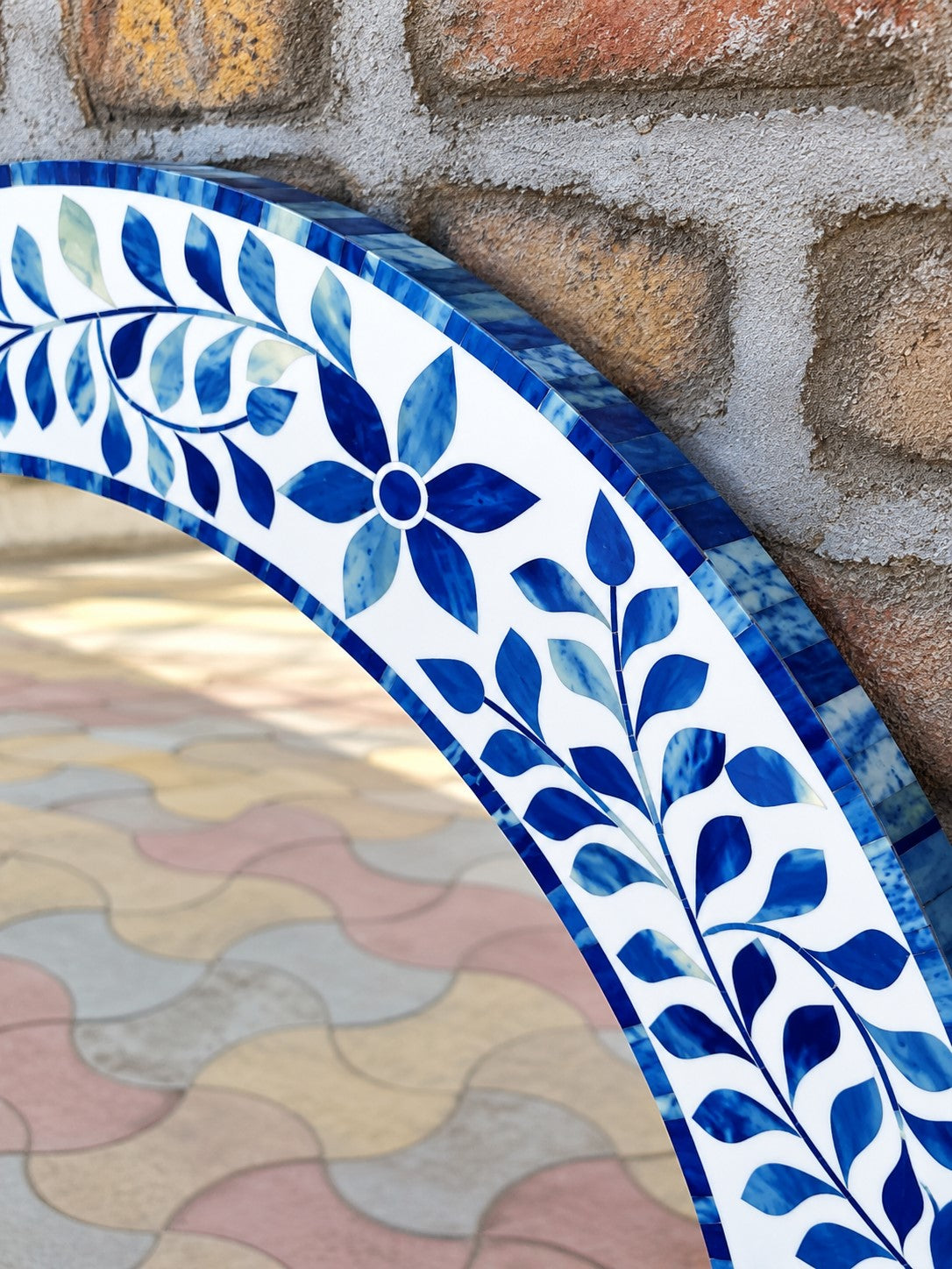 Handmade Blue & White Bone Inlay Round Mirror – Floral Leaf Design