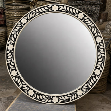 Handmade Black & White Bone Inlay Round Mirror – Floral Leaf Design