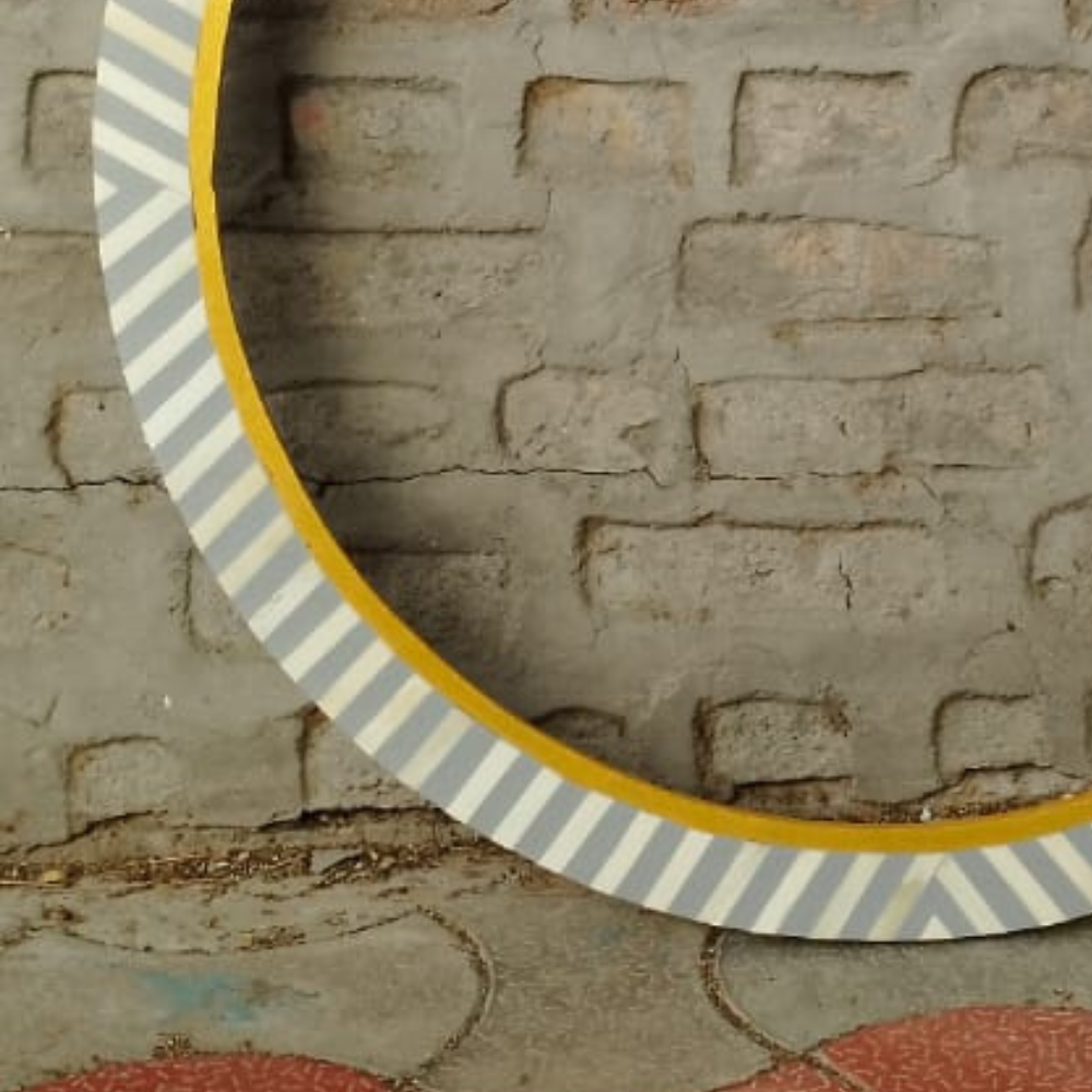 Handmade Grey Stripe Bone Inlay Round Mirror Frame | Modern Decorative Wall Mirror