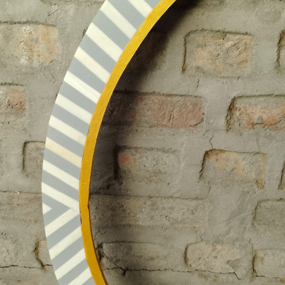 Handmade Grey Stripe Bone Inlay Round Mirror Frame | Modern Decorative Wall Mirror