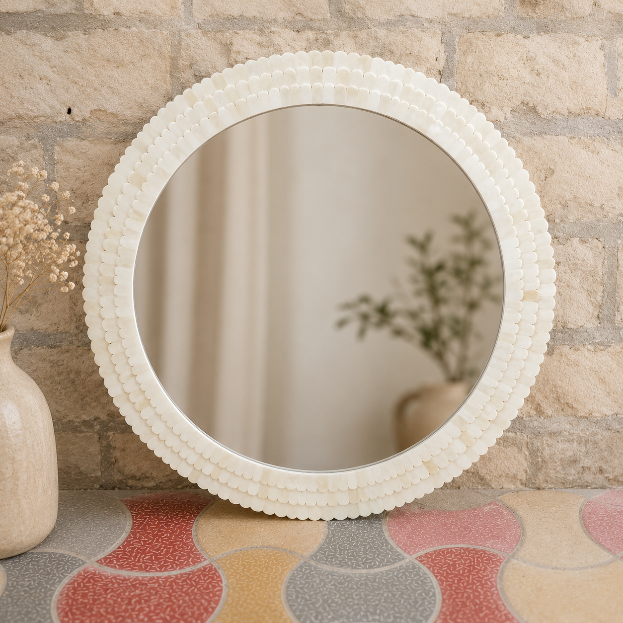 Handmade White Bone Inlay Round Mirror Frame | Luxury Decorative Wall Mirror