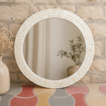 Handmade White Bone Inlay Round Mirror Frame | Luxury Decorative Wall Mirror