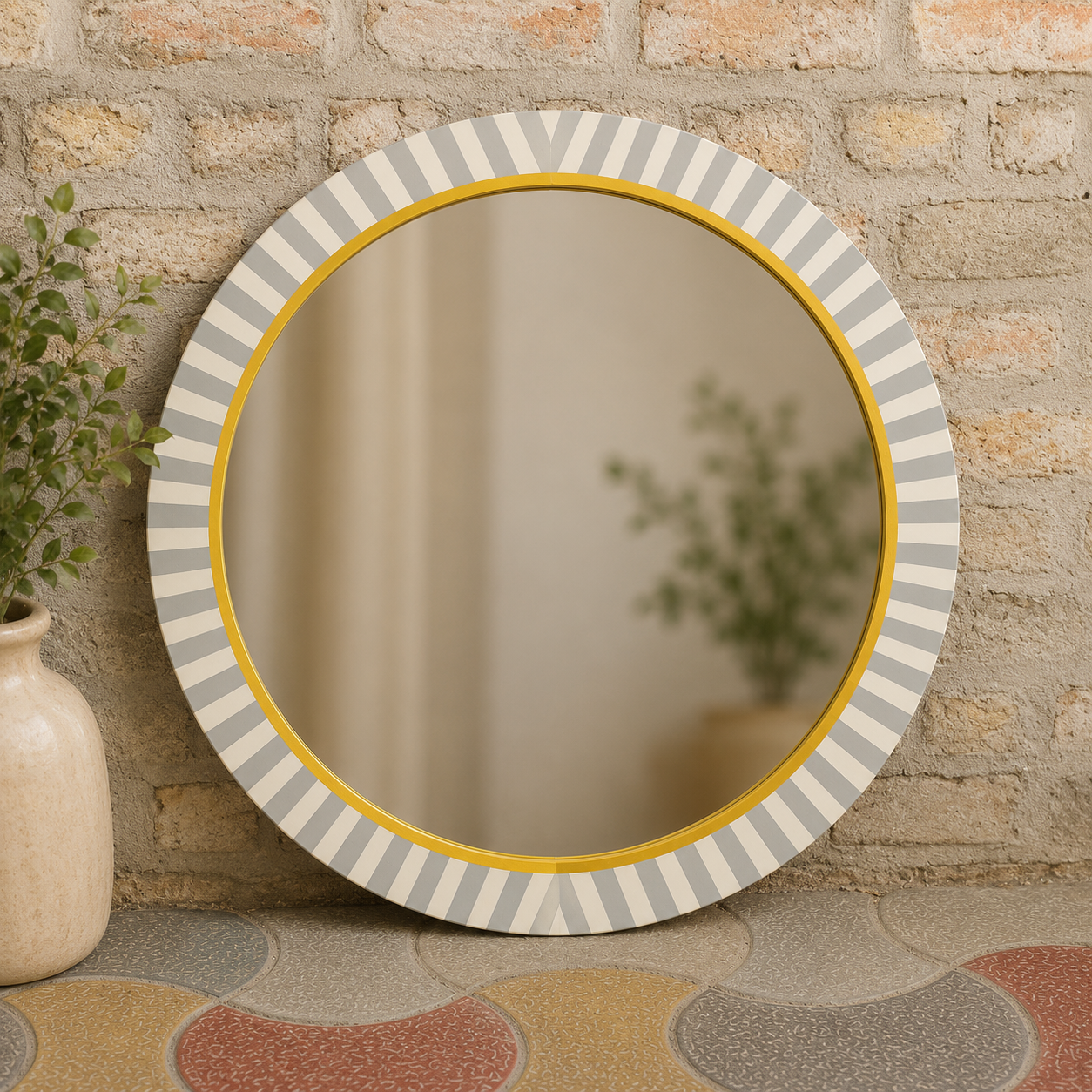 Handmade Grey Stripe Bone Inlay Round Mirror Frame | Modern Decorative Wall Mirror