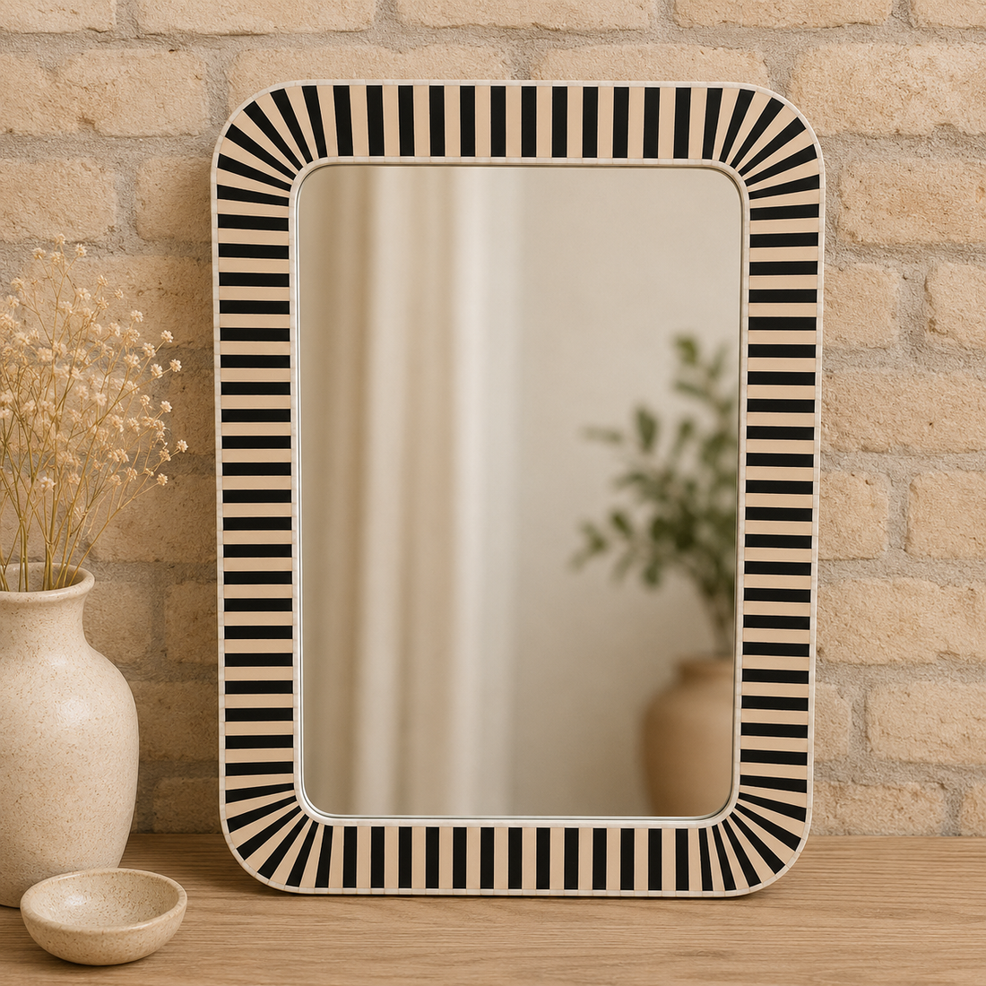 Handmade Black & White Striped Bone Inlay Mirror Frame | Modern Rectangular Wall Mirror