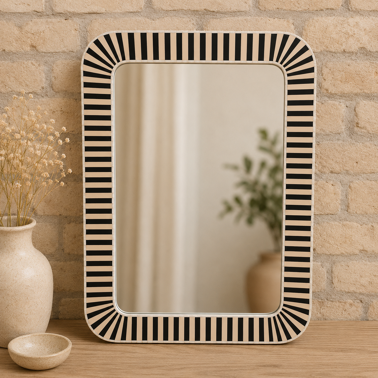 Handmade Black & White Striped Bone Inlay Mirror Frame | Modern Rectangular Wall Mirror