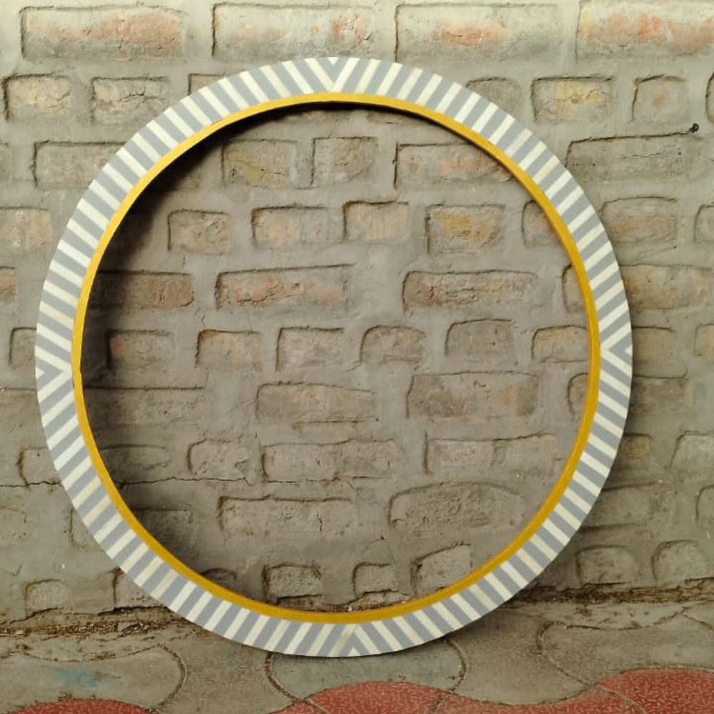 Handmade Grey Stripe Bone Inlay Round Mirror Frame | Modern Decorative Wall Mirror