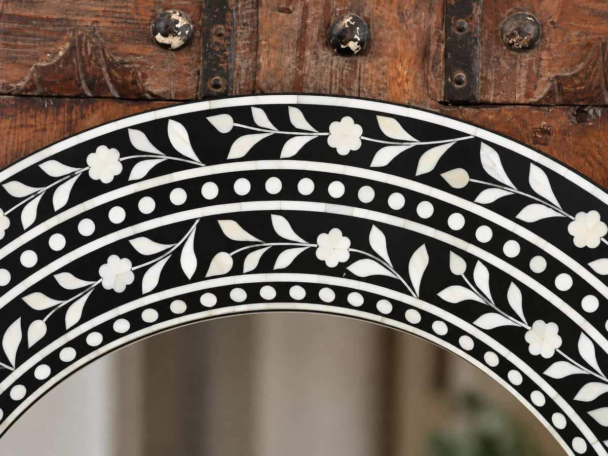 Handmade Black & White Bone Inlay Round Mirror – Floral Vine Design
