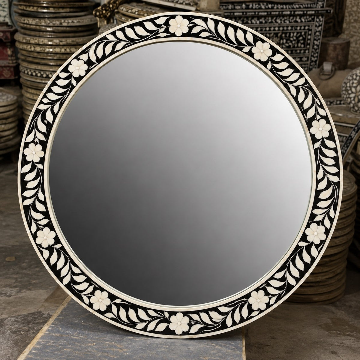 Handmade Black & White Bone Inlay Round Mirror – Floral Leaf Design