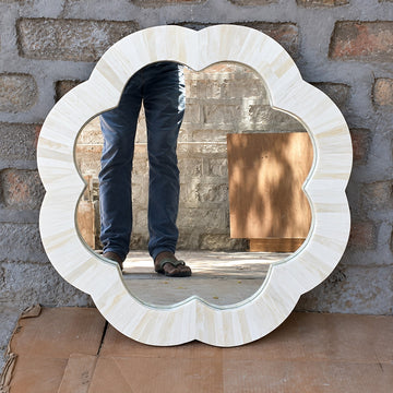 Handmade White Bone Inlay Scalloped Mirror – Flower Shape Wall Mirror