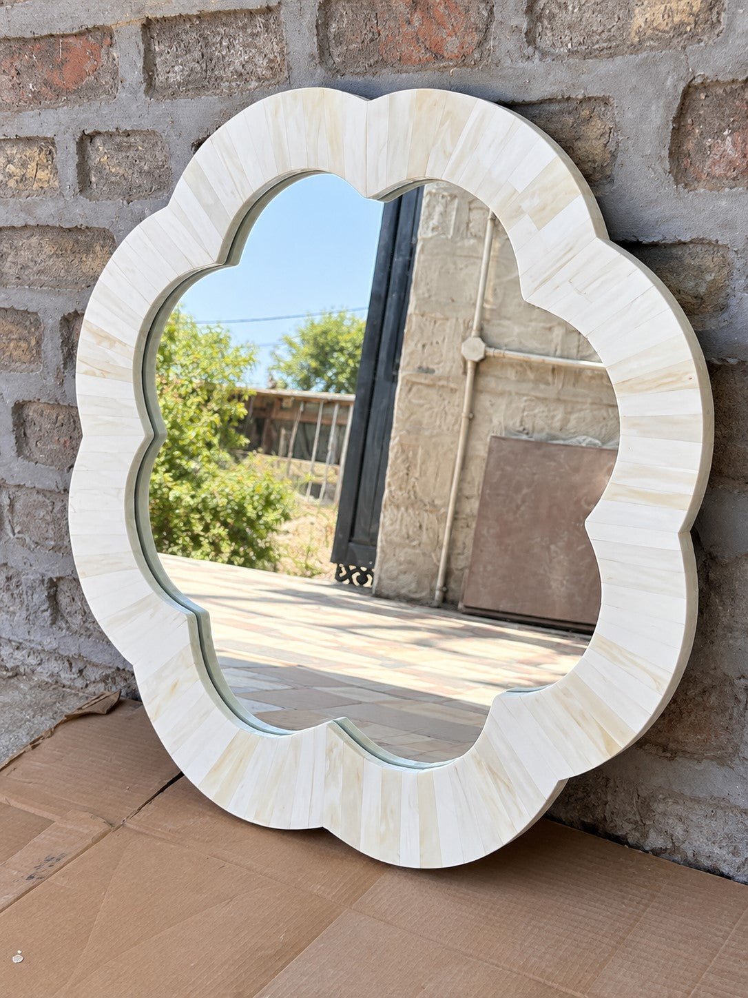 Handmade White Bone Inlay Scalloped Mirror – Flower Shape Wall Mirror
