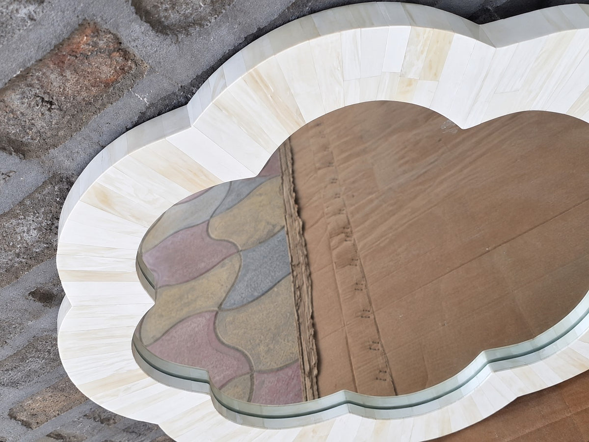 Handmade White Bone Inlay Scalloped Mirror – Flower Shape Wall Mirror