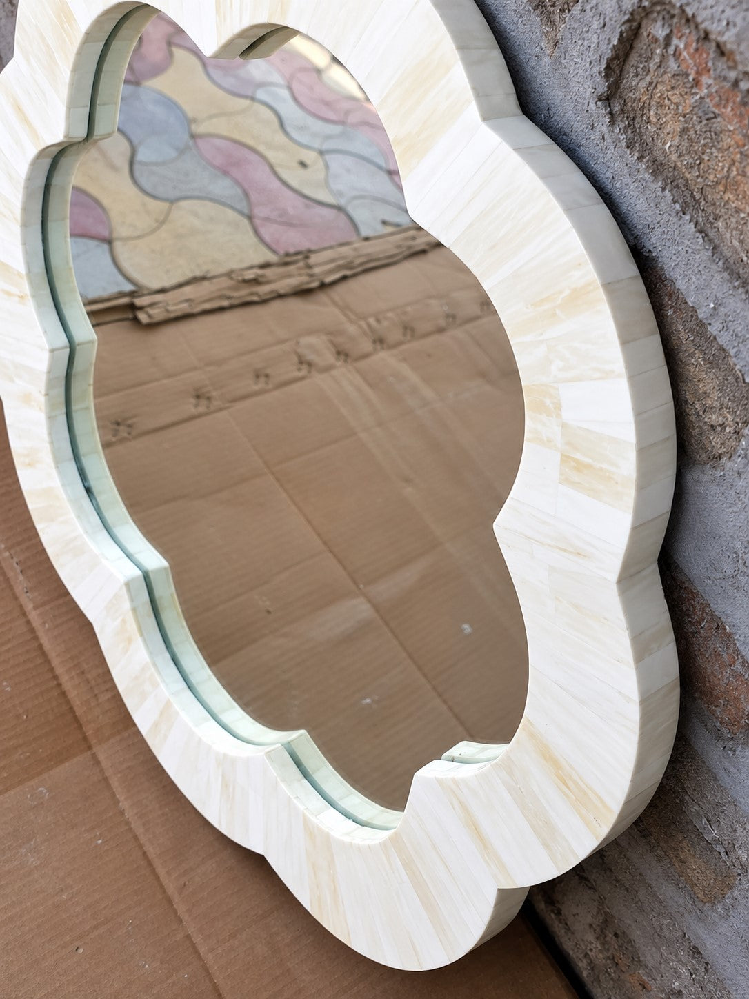 Handmade White Bone Inlay Scalloped Mirror – Flower Shape Wall Mirror