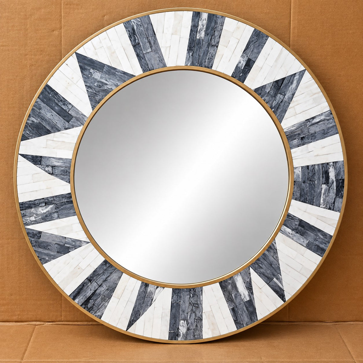 Handmade Grey & White Sunburst Bone Inlay Round Mirror with Brass Border