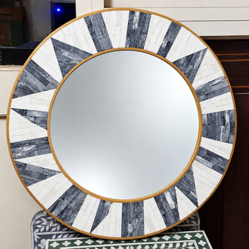 Handmade Grey & White Sunburst Bone Inlay Round Mirror with Brass Border