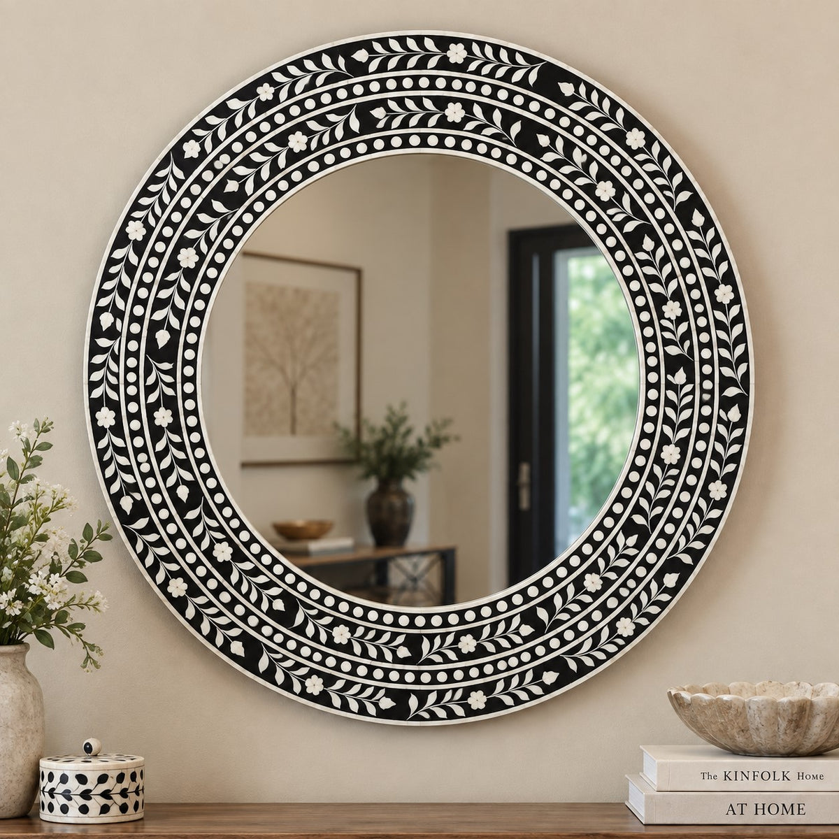 Handmade Black & White Bone Inlay Round Mirror – Floral Vine Design