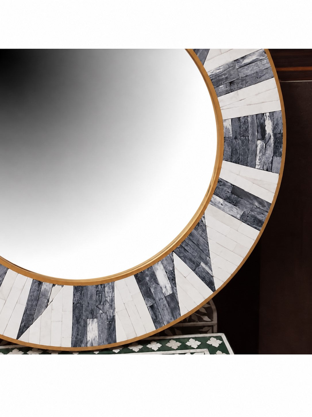 Handmade Grey & White Sunburst Bone Inlay Round Mirror with Brass Border