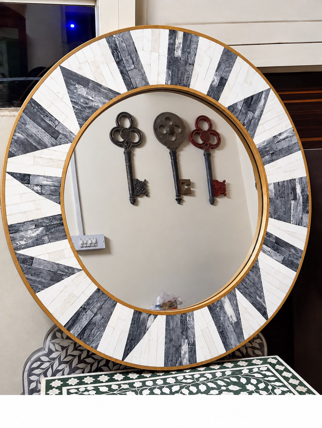 Handmade Grey & White Sunburst Bone Inlay Round Mirror with Brass Border