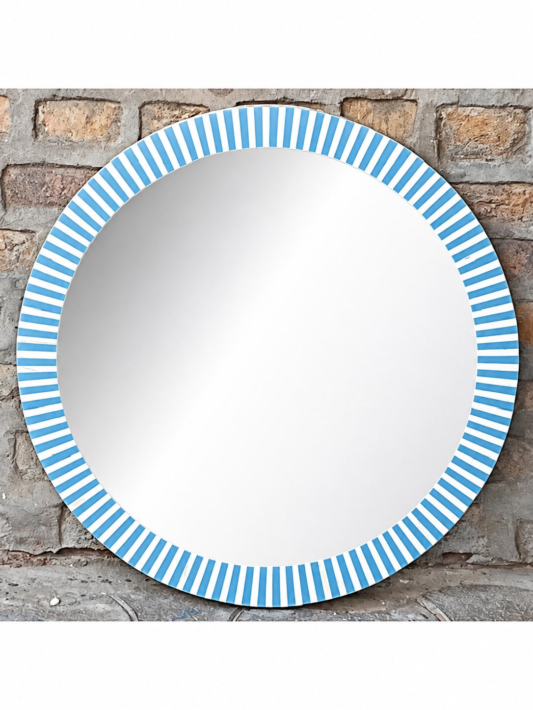 Handmade Blue & White Striped Bone Inlay Round Wall Mirror