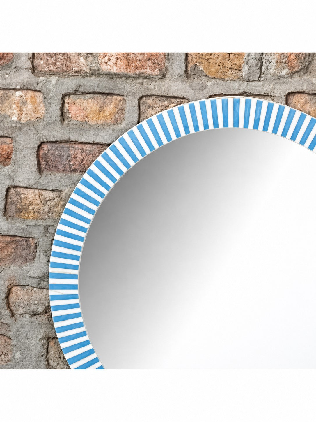 Handmade Blue & White Striped Bone Inlay Round Wall Mirror