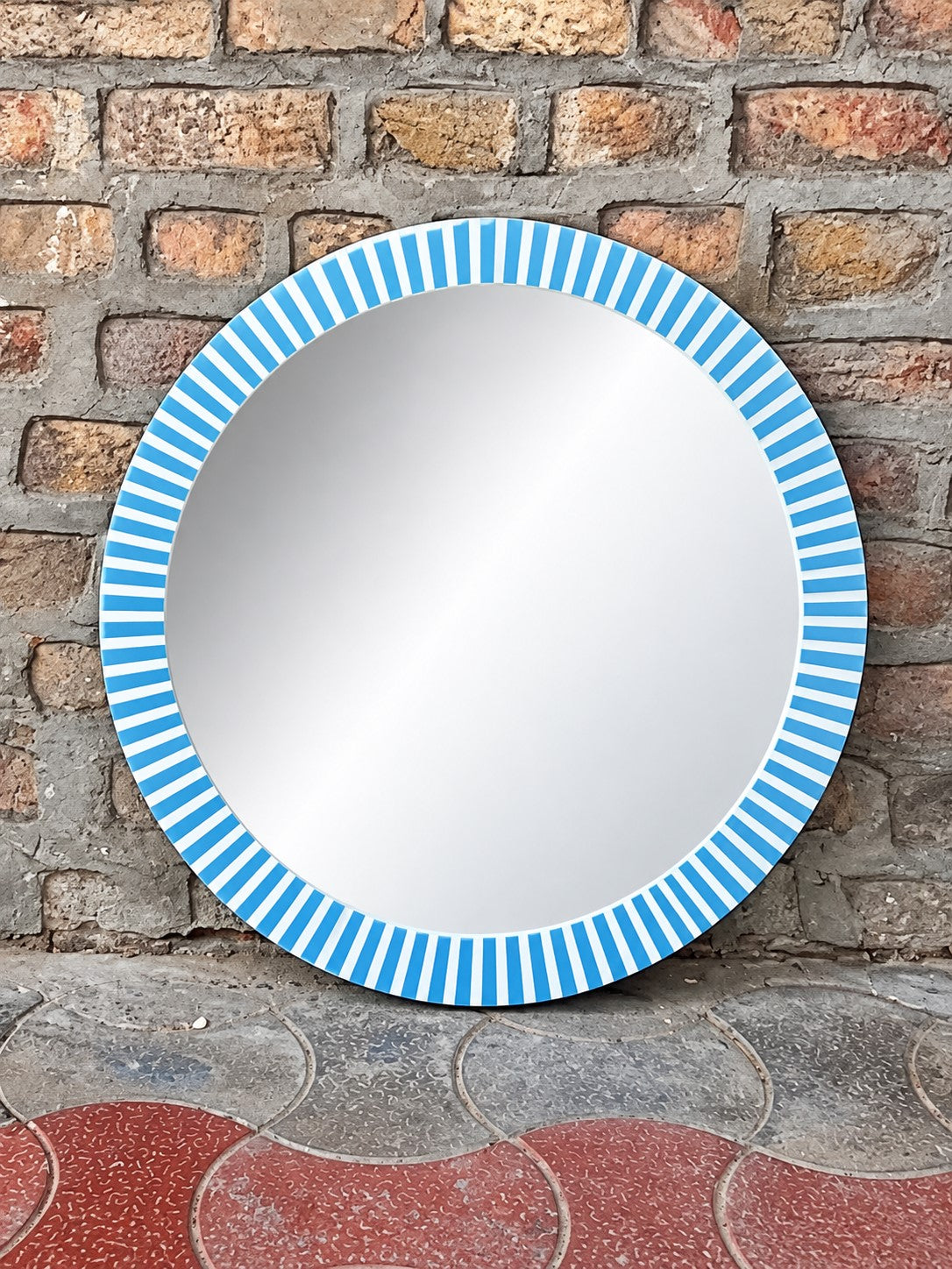 Handmade Blue & White Striped Bone Inlay Round Wall Mirror