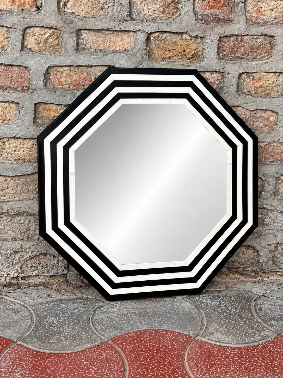 Handmade Black & White Striped Bone Inlay Octagon Wall Mirror