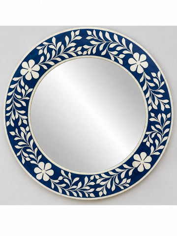 Handmade Blue Floral Bone Inlay Round Wall Mirror