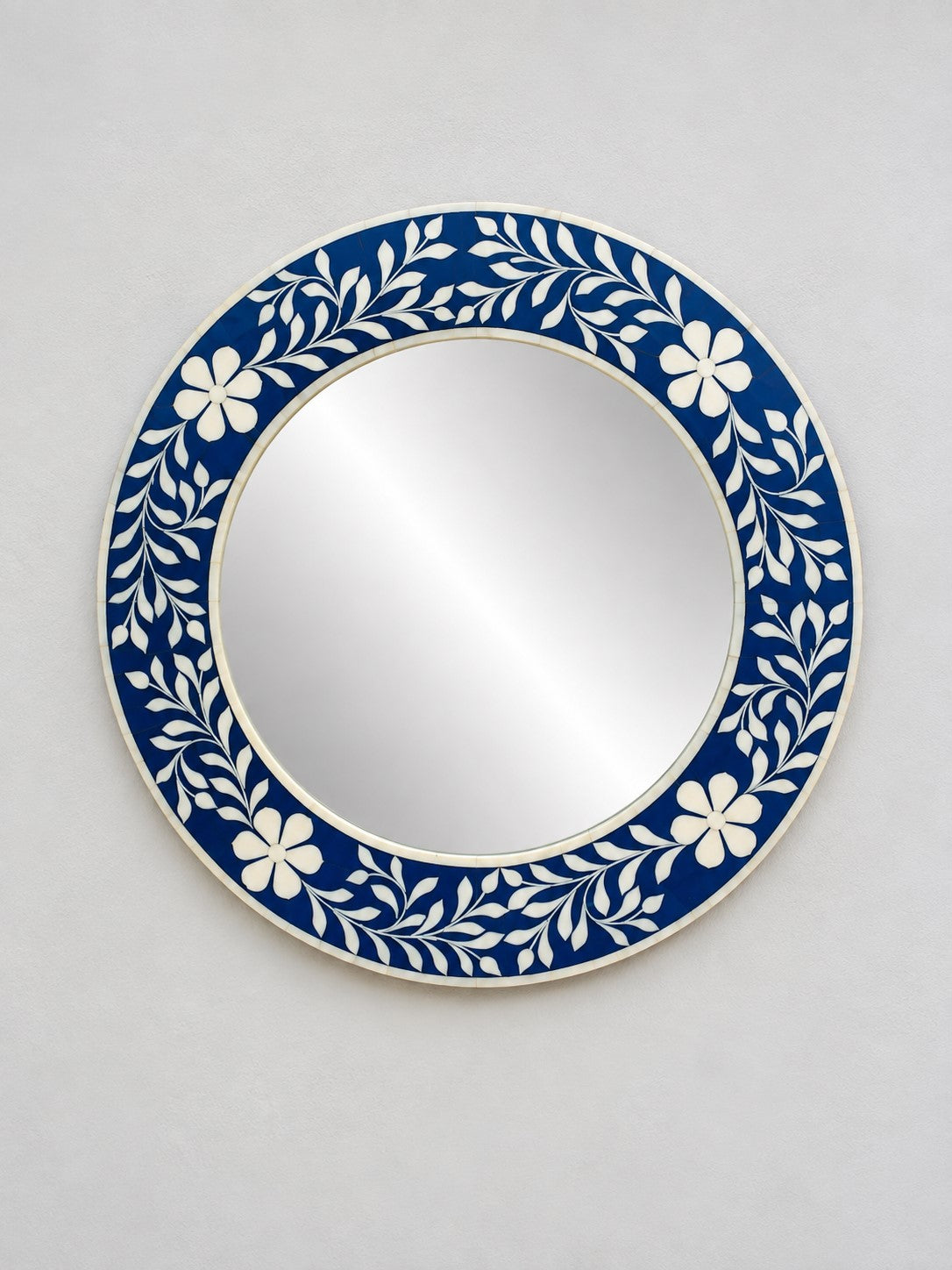 Handmade Blue Floral Bone Inlay Round Wall Mirror
