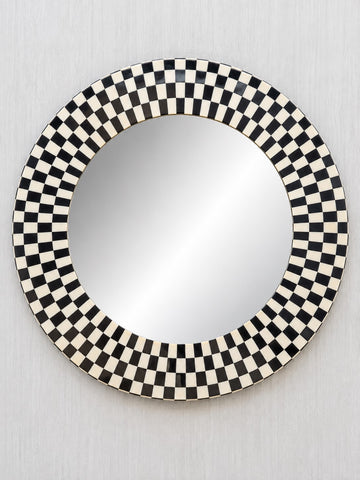 Handmade Black & White Checkered Bone Inlay Round Wall Mirror
