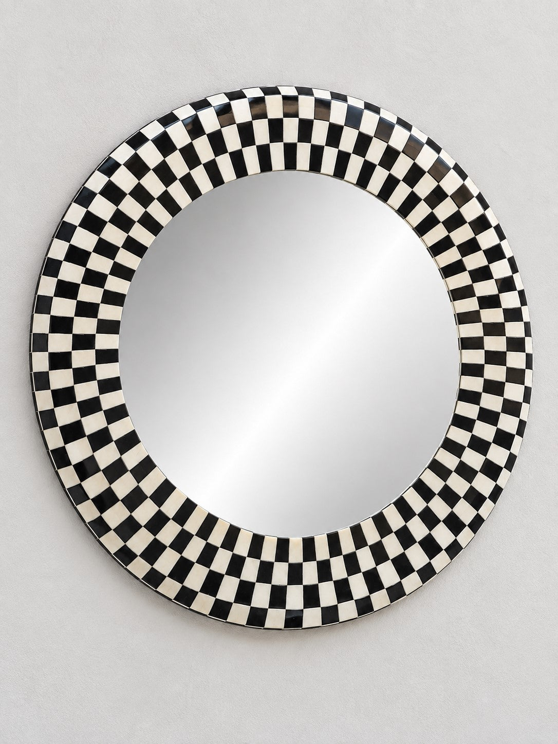 Handmade Black & White Checkered Bone Inlay Round Wall Mirror
