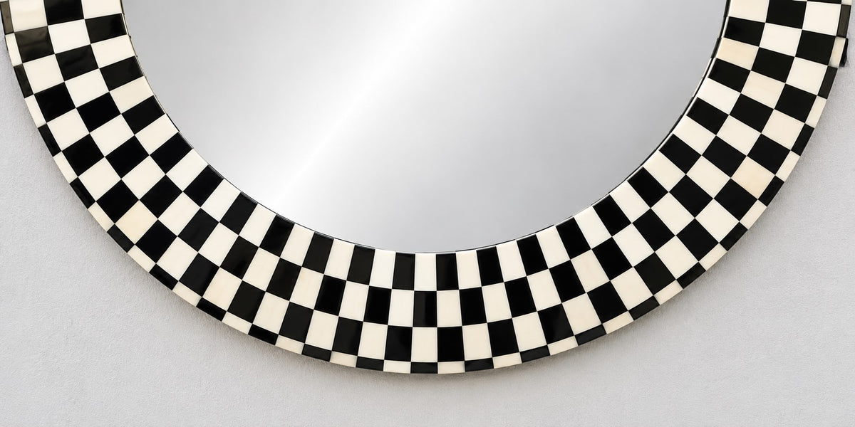 Handmade Black & White Checkered Bone Inlay Round Wall Mirror