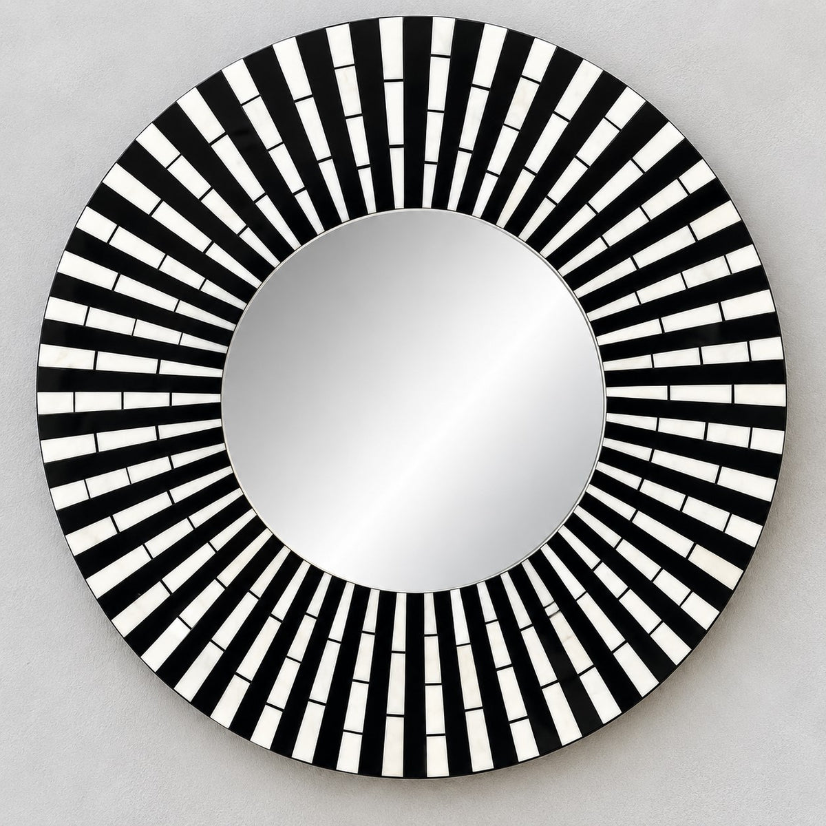 Handmade Black & White Sunburst Bone Inlay Round Wall Mirror