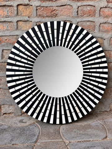 Handmade Black & White Sunburst Bone Inlay Round Wall Mirror