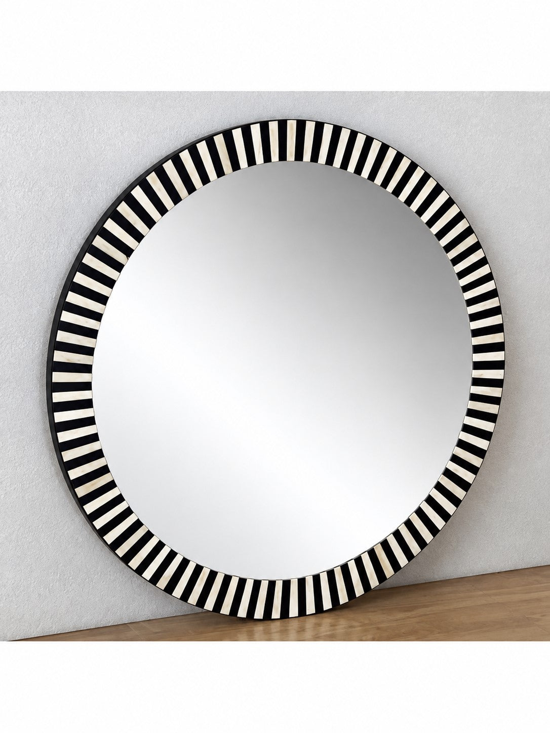 Handmade Black & White Striped Bone Inlay Round Wall Mirror